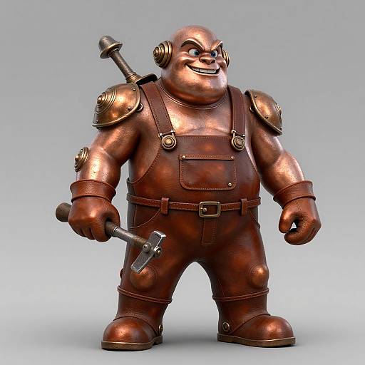 CGI image of a muscular, copper-colored, cartoon-like warrior with a hammer, wearing brown leather overalls and shoulder armor, smiling menacingly.