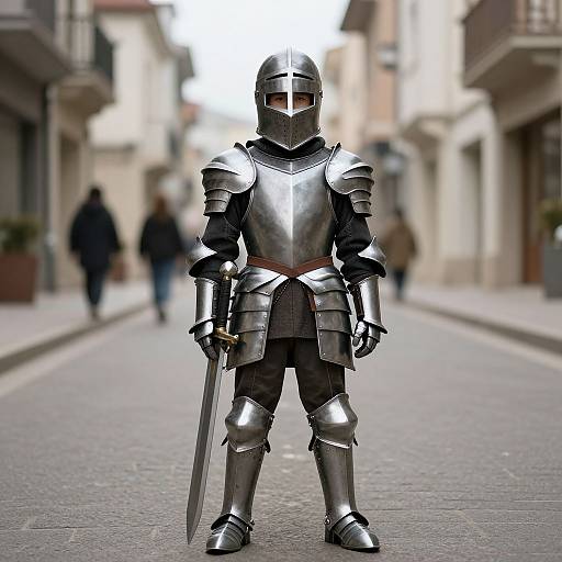 Photorealistic digital artwork of a medieval knight in full silver armor with a visor, holding a sword, standing on a cobblestone street with