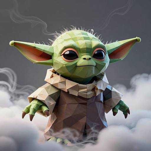 CGI digital artwork of a cute, green, spiky-haired goblin-like creature with large ears, wearing a tattered robe, emerging from mist
