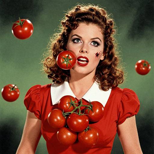 Vintage-style photograph of a curly-haired woman with red lipstick, wearing a red dress with a white collar, surrounded by flying red tomatoes against a green background