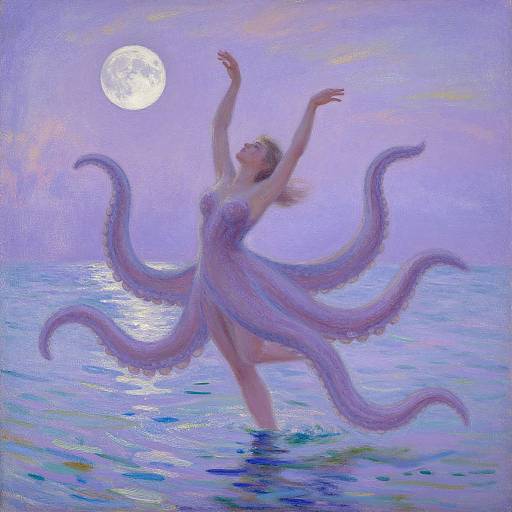 Digital painting of a ballet dancer in a flowing, tentacle-like dress, dancing on a moonlit purple sea with arms raised.