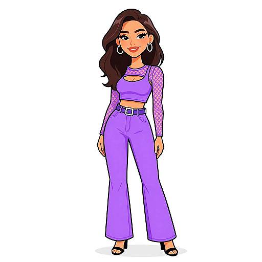 Digital illustration of a smiling woman with long dark hair, wearing a purple crop top, fishnet sleeves, high-waisted wide-leg pants, and