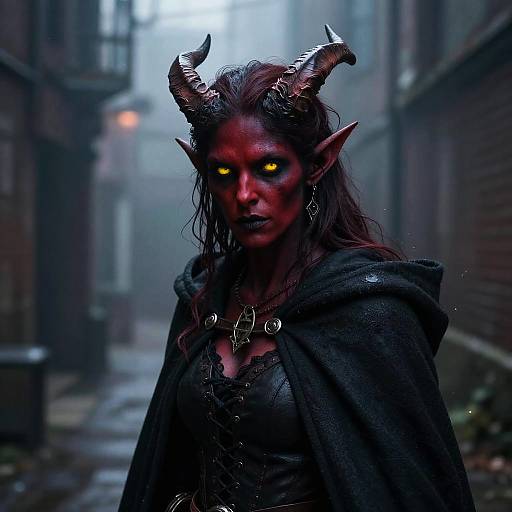 Cunning Tiefling Rogue in Misty Alley
