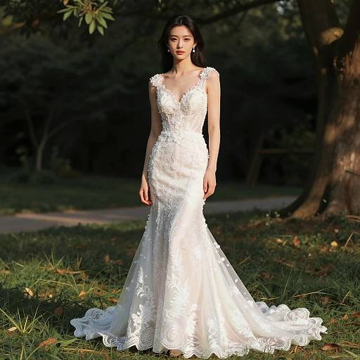 Photograph of an East Asian woman with long black hair, wearing a white lace, sleeveless wedding gown, standing in a sunlit forest.