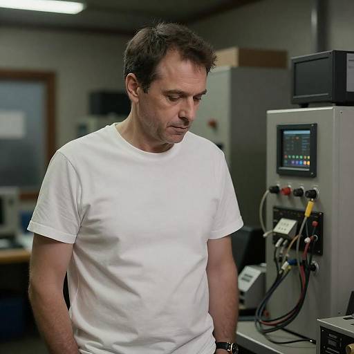 Focused Man in Cluttered Machinery Room