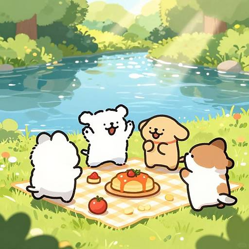Cute digital illustration of three fluffy, cartoon-style animals sitting by a sunny, blue river, enjoying a picnic with a pie and apples.