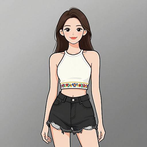Digital anime-style drawing of a young woman with long brown hair, wearing a white floral crop top and black frayed denim shorts, standing against a gradient