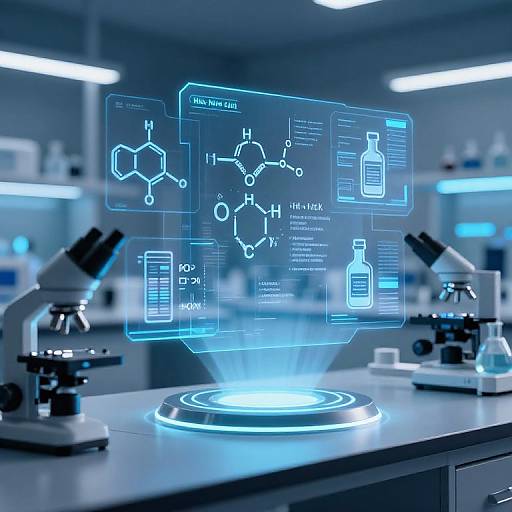 Photograph of a futuristic lab with glowing blue holographic molecular structures above a lit, circular, blue-lit surface, flanked by two microscopes