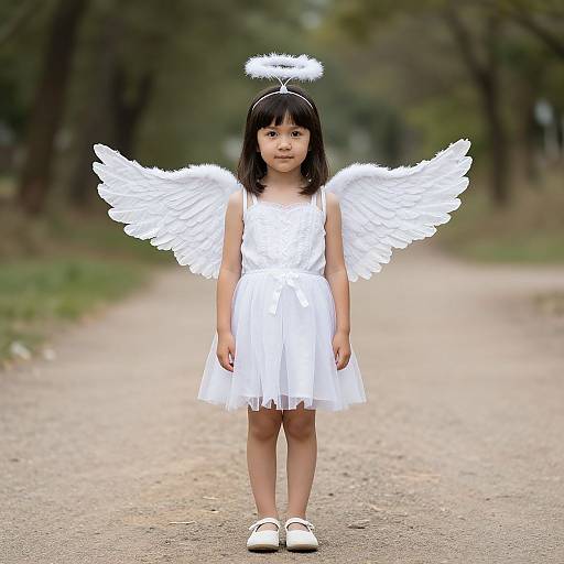 Photograph of a young Asian girl with straight black hair, wearing a white angel costume with wings, halo, and white shoes, standing on a gravel