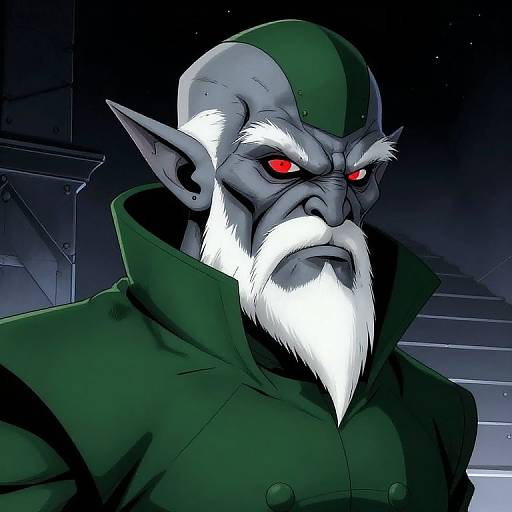 Digital art of a stern, gray-skinned, bald orc with a long white beard, red eyes, pointed ears, and green military-style jacket against
