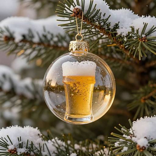 Photograph of a clear Christmas ornament with a frothy beer inside, hanging on a snow-covered evergreen tree branch.