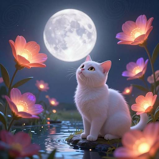 Digital art of a white kitten gazing at a bright full moon, surrounded by glowing pink flowers and a reflective pond.