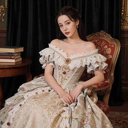 Photorealistic portrait of a pale-skinned, dark-haired woman in an off-shoulder, lace-trimmed, ornate Victorian-style gown