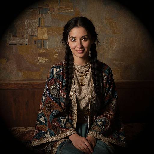 Photograph of a young woman with dark braided hair, wearing a patterned, ornate robe and layered necklaces, smiling warmly against a textured