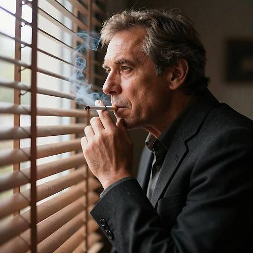 Serious Man Smoking Behind Blinds