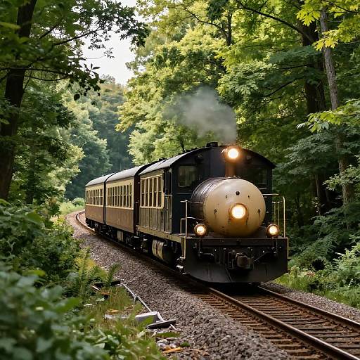 Photograph of a vintage black steam locomotive with glowing headlight, emitting steam, traveling through a lush, green, forested area on a curved