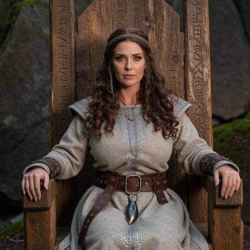 Photograph of a determined woman with long curly brown hair, wearing medieval Viking attire, seated on a carved wooden throne with runes, outdoors.