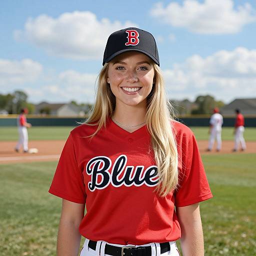 Photograph of a smiling blonde woman in a red 