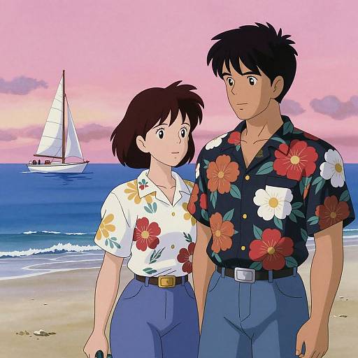 Anime-style digital drawing of a couple standing on a beach at sunset, wearing floral shirts; sailboat in the background.
