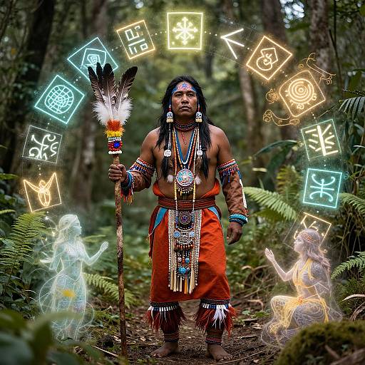 Photograph of a Native American man in forest, adorned with tribal jewelry, holding feathered staff, surrounded by glowing mystical symbols.