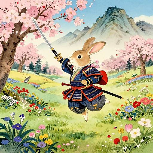 Whimsical Bunny Samurai in Garden