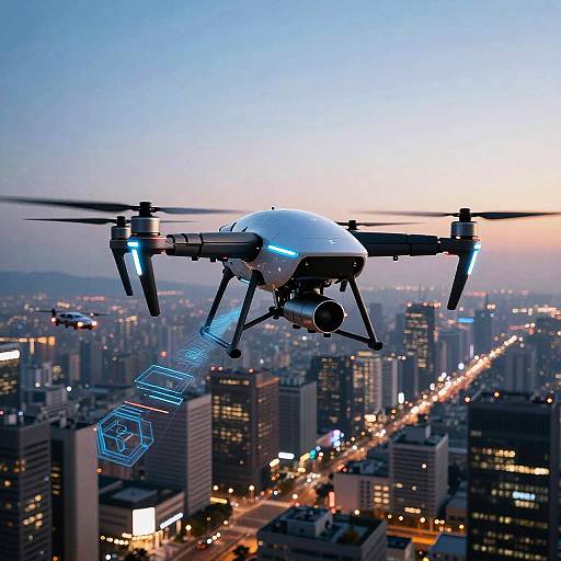 Futuristic Drone Over Smart City Skyline