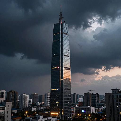 Photograph of a towering, glass-clad skyscraper under a dramatic, cloudy sky with a glowing sunset peeking through. Cityscape of shorter buildings
