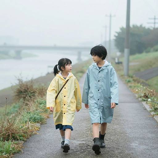 Two Children Walking in Raincoats on Riverside Path