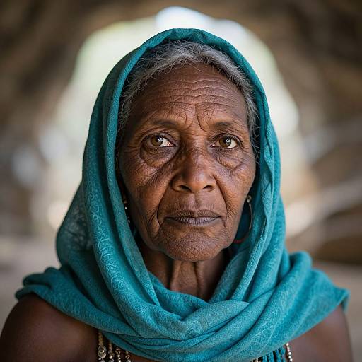 Photograph of an elderly Indian woman with deep wrinkles, brown skin, and sad eyes, wearing a turquoise patterned headscarf, in a dim