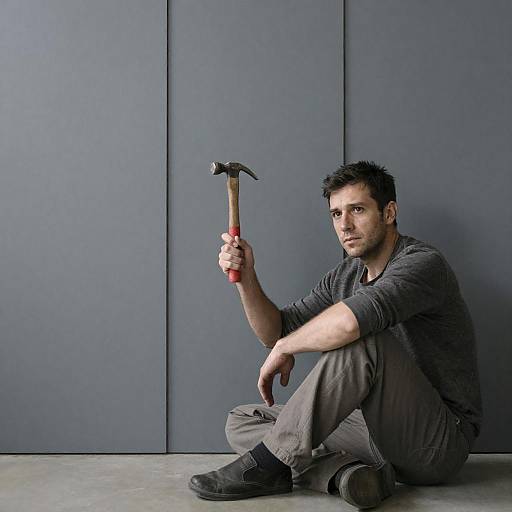 Focused Man with Hammer in Gray Room