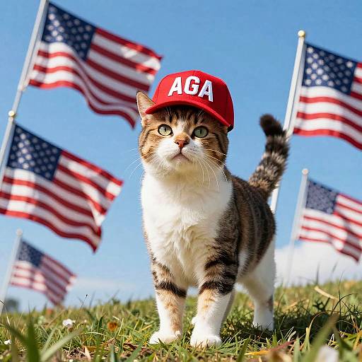 Photograph of a tabby cat with white chest wearing a red 