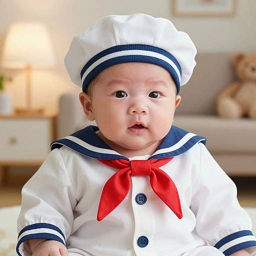 Photograph of a chubby, fair-skinned baby in a white sailor outfit with blue stripes, red neckerchief, and matching hat, sitting indoors