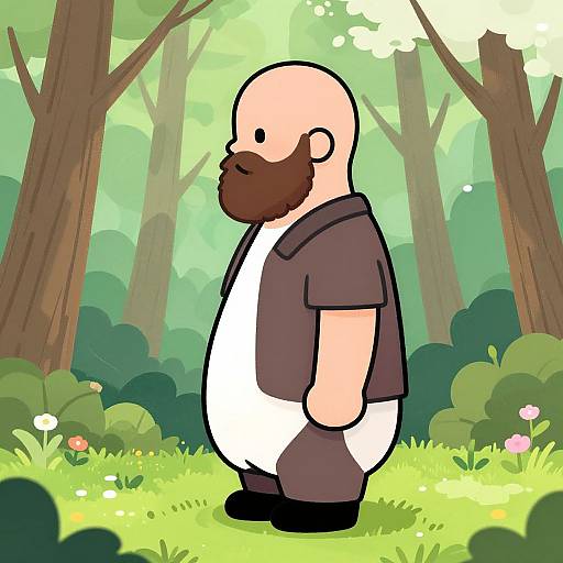 Cartoon bald man with a thick brown beard, wearing a black shirt and white vest, stands in a bright, green forest.
