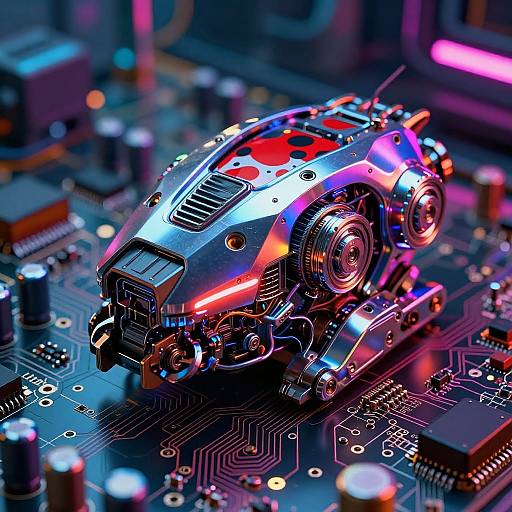 Digital CGI of a vibrant, neon-lit, futuristic car model with red accents, positioned on a detailed, circuit board background.