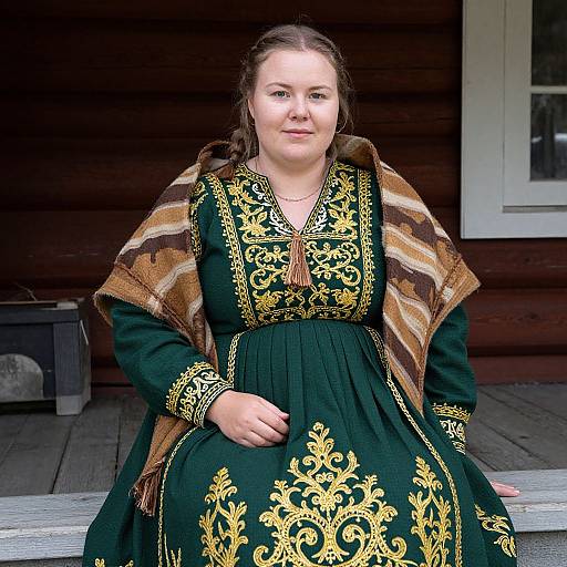 Photograph of a young woman with fair skin and brown hair in a braid, wearing an ornate black and gold medieval dress with a brown striped