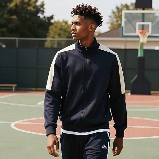 Photograph of a young Black man with short, curly hair, wearing a black and white track jacket and pants, standing on an outdoor basketball court.
