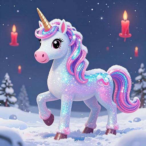 Digital illustration of a sparkling, white, unicorn with a pink, purple, and blue mane, standing in snow under a starry night sky with glowing