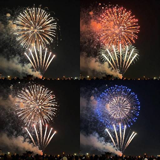 Photograph of a night sky with three quadrants showcasing vibrant fireworks: top-left golden, top-right red, bottom blue, all with white trails and