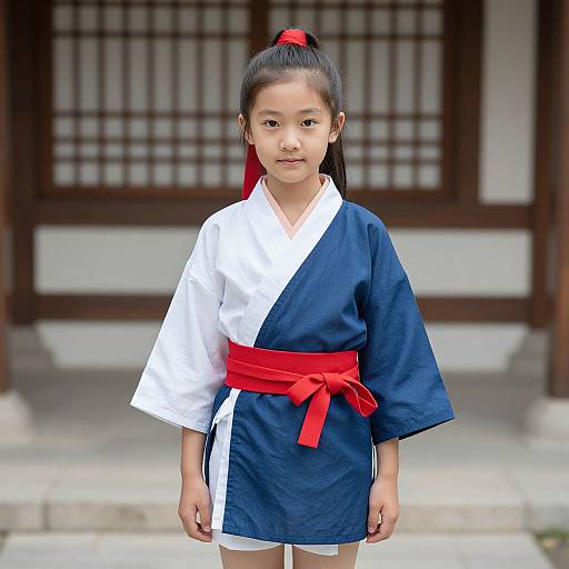 Photograph of an Asian girl with black hair in a red hairband, wearing a blue and white hakama with a red obi, standing in