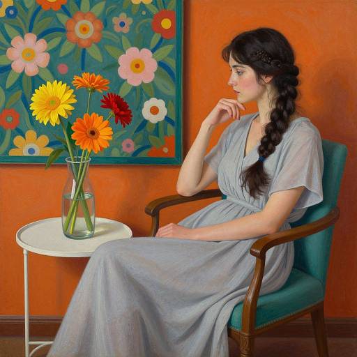 Photograph of a woman with a long braid, wearing a light grey dress, sitting in a teal chair, contemplating, with a vase of colorful