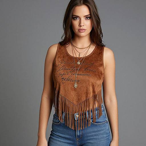 Photograph of a young woman with long dark hair, wearing a brown fringed tank top and blue jeans, standing against a gray background, accessorized