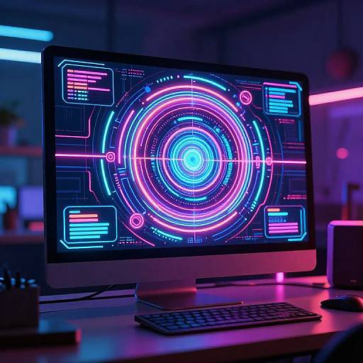 Photograph of a glowing neon-lit computer screen displaying a vibrant, circular, cybernetic pattern with pink, blue, and purple lights in a
