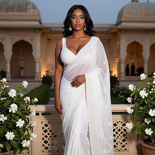 Photograph of a beautiful black woman with blue eyes in a white lace wedding saree, standing in front of an ornate, historical building with white
