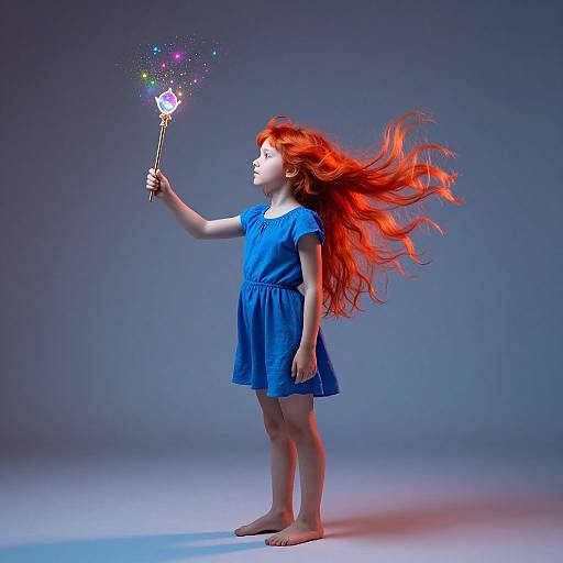 Photograph of a young girl with long red hair, wearing a blue dress, barefoot, holding a glowing magic wand, against a blue gradient background
