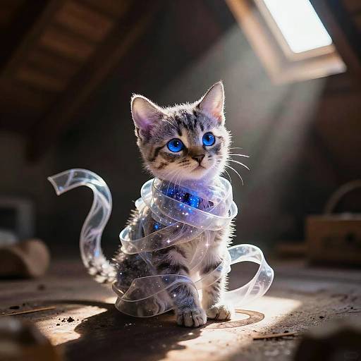 Photograph of a cute, blue-eyed, gray tabby kitten with a translucent ribbon wrapped around its body, sitting in a sunlit attic with wooden