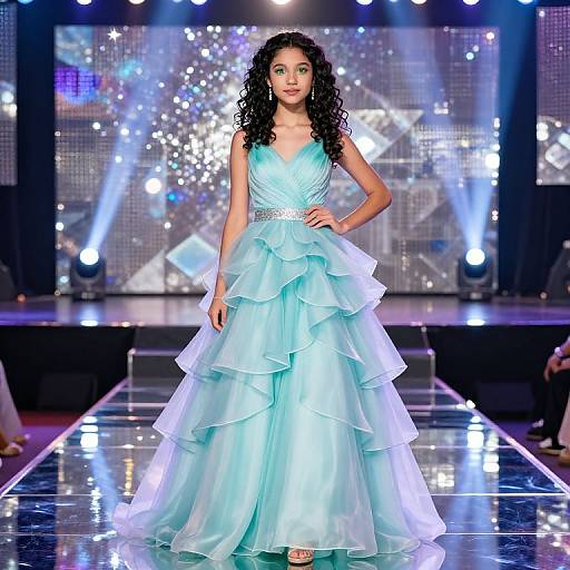 Photograph of a curly-haired, dark-skinned woman in a light blue, layered, ruffled gown, standing on a glossy runway with sparkling lights