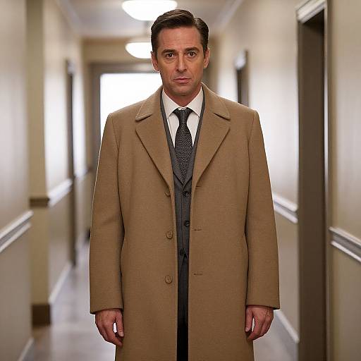 Photograph of a serious middle-aged man with short dark hair, wearing a brown overcoat, white shirt, black tie, and black vest, standing