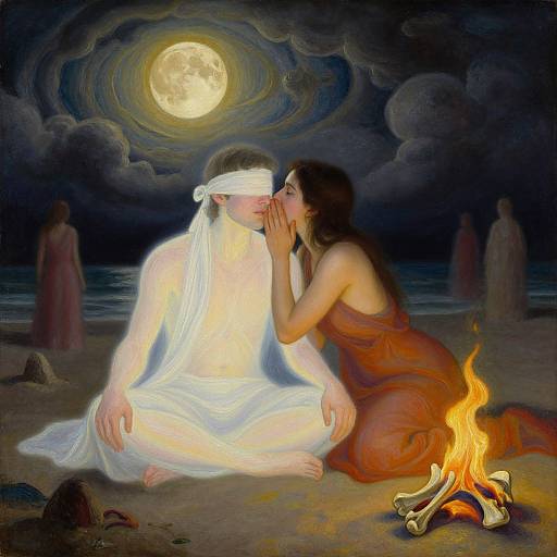 Digital painting of a moonlit beach: blindfolded white-clad figure sits, kissed by brown-haired woman in red dress, beside a glowing fire