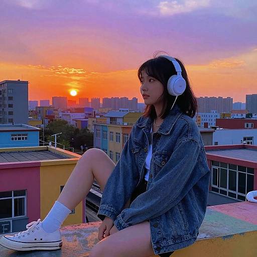 Photograph of an Asian woman with black hair, white headphones, denim jacket, white socks, and white sneakers, sitting on a rooftop at sunset,