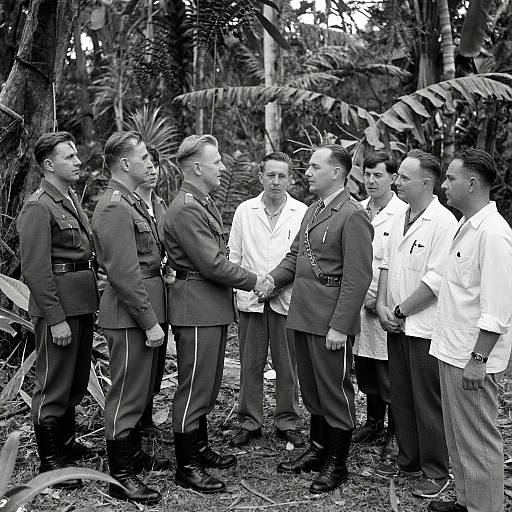 Black-and-white photograph of seven male soldiers in uniform, shaking hands with six men in white shirts and dark pants, outdoors in a tropical garden setting.